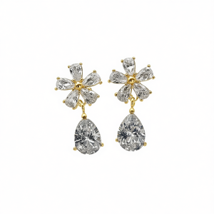 Pendientes colgantes E3760 con flor dorada y cristal de corte pera con engaste de diamantes de imitación para mujer, estilo romántico para fiestas. - Product Image 1