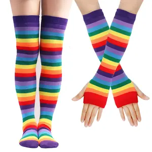 Chaussettes longues arc-en-ciel européennes et américaines HY-3023 chaussettes hautes de cuisse chaussettes de genou en coton gants à rayures colorées pour femmes transfrontalières