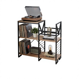 Support pour tourne-disque de style industriel avec étagères de rangement, structure en bois et métal, décoration multifonctionnelle pour salon - Product Image 1