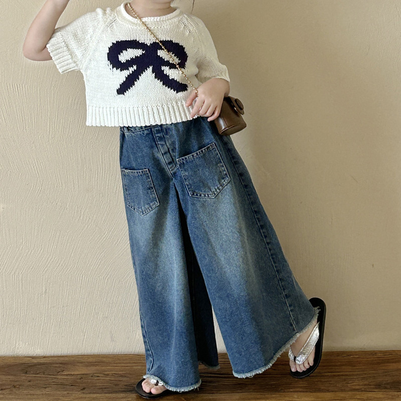 BUFA New Summer Girls' Casual Denim Pants Middle Rise Straight Leg Raw Edge Bottom Wide Leg Jeans for Children
