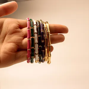 Hot Selling Stainless Steel PVD Gold Plated Colorful Enamel Non Tarnish Bamboo Cuff Bangles For Women Waterproof Jewelry