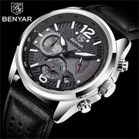 Jam Tangan Pria BENYAR 5171M 5171 Kulit Biru Casing Alloy Baru Kronograf Mesin Quartz Jepang