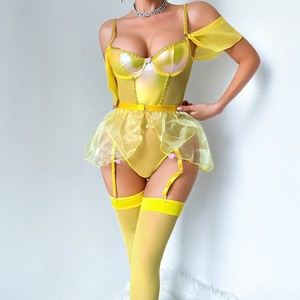 <strong>Yellow</strong> Princess Belle Cosplay Shiny Underwire <strong>Bra</strong> Off Shoulder Sleeves Ruffle Skirt Garter Stockings Women Mesh Lingerie Sets - Product Image 2