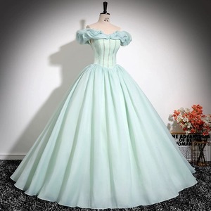Off The Shoulder Chiffon Ball Gown Blue Green Empire Waist Ruffles Princess Style Evening Dress For Women - Product Image 2