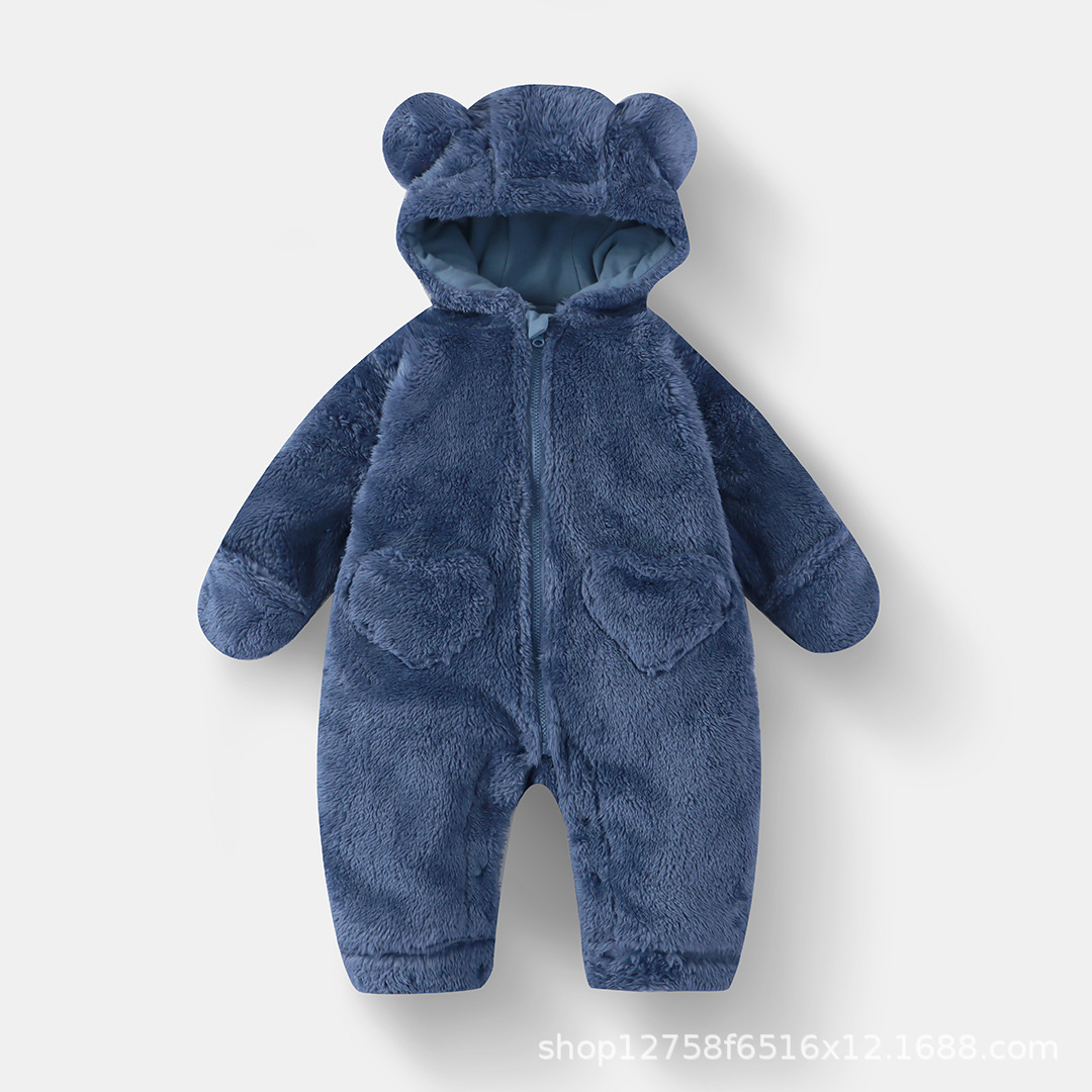 Blue-plush open-tail zipper jumpsuit