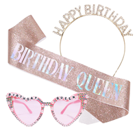 Kit d'accessoires d'anniversaire Stiedey pour reine des fêtes : Écharpe rose scintillante, lunettes de soleil en plastique avec perles en forme de cœur, serre-tête en cristal étincelant, cadeaux de fête