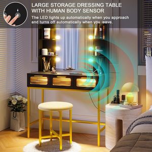 Manufacturer's <b>small</b> vanity charging station with mirror, 10 light bulbs, LED vanity <b>table</b>, 3 drawers/stools. - Product Image 2