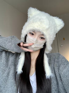 Chapeau d'ours Lei Feng en peluche mignon pour femme avec protection des oreilles chaude pour l'automne/hiver, cordon de serrage, fibres acryliques douces et cirées - Product Image 6