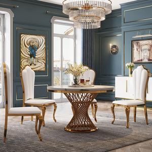 Juego de Comedor de Diseño Moderno con Mesa Redonda de Acero Inoxidable de Lujo Italiano con Centro Giratorio y Cubierta de Mármol Blanco y Sillas de Cuero - Product Image 6
