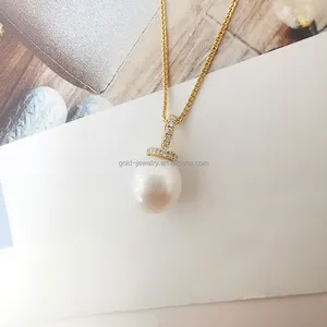 Perhiasan Murni 14K Kalung Mutiara Emas Murni Kalung Berlian Asli Alami Desain Populer Kalung Emas Padat Grosir