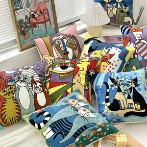 100% Cotton Picasso Style Embroidered Square Pillow Case Sofa Cushion Cover For Car Chair Cushion Case 45x45cm Without Stuffing