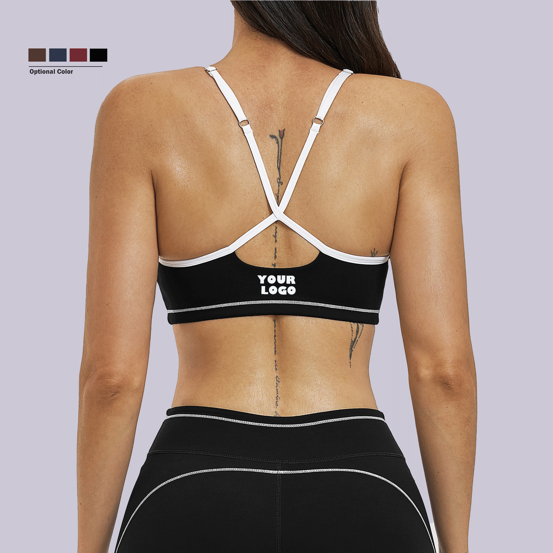 Custom Nylon Scoop Neckline Removable Padding Contrast Color Stripes Cross Back Adjustable Yoga Gym Sports Bra Women