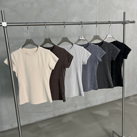 T-shirt à manches courtes pour femme, coupe slim, en coton Pima péruvien, effet délavé, pour l'été |   Haut uni vintage délavé et flatteur