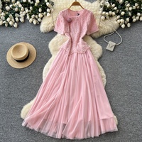 Robe longue décontractée élégante pour femme, rose, à manches courtes, broderie en maille, plissée, coupe trapèze, pour le quotidien et les soirées