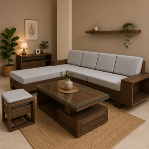 Modern L Shaped Wooden <b>Sofa</b> Set with Grey Cushions Storage Coffee Table and Ottoman Living Room Furniture - Product Image 6