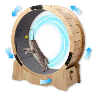 Cat Wheel Exerciser for Indoor Made of Nature Wood Gray Carpet, Inner Diameter 82cm, Large Cat Wheel with Lock Pin