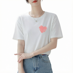Women White <b>Heart</b> Print T-Shirt Short Sleeve O-Neck Casual Loose Fit Summer <b>Top</b> 100% Cotton Jersey Breathable - Product Image 1