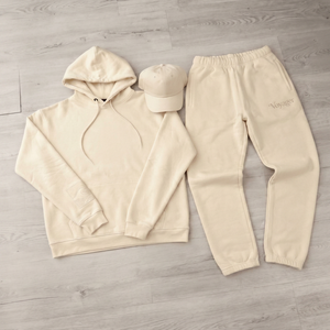 Ensemble sweat-shirt à capuche et pantalon long Voyager Cream, style décontracté unisexe, 100% coton, poids moyen, pour l'automne - Product Image 1
