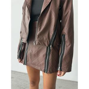 Tan Genuine Leather Pencil <b>Skirt</b> with Zipper Detail <b>Goth</b> Modern Style Short XS Size Featuring Embroidery Ruffles Decoration - Product Image 4