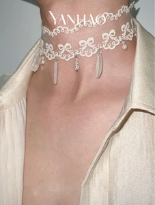 Gargantilla de concha Natural de encaje blanco estilo palaciego Retro Cadena de cuello de sensación de diseño pequeño y lujoso - Product Image 2