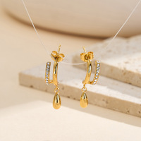 Pendientes de Aro en Forma de C de Doble Capa con Circonitas y Baño de Oro en Acero Inoxidable para Mujer, con Colgante de Gota de Agua, Joyería Moderna para Fiestas