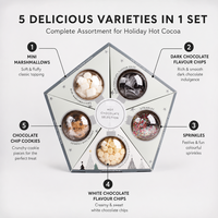 Coffret Cadeau Chocolat Chaud de Noël 5 Packs – Mélange de Cacao, Boules Décoratives, Guimauves, Sirop de Pain d'Épices, Garnitures pour Biscuits – Vente en Gros OEM