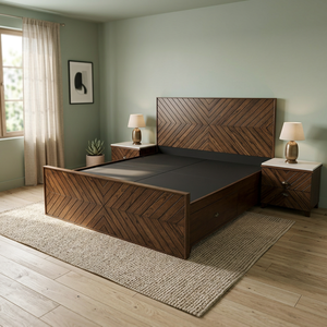 Modern Solid Teak Platform Storage <b>Bed</b> <b>Frame</b> with Herringbone Headboard <b>Queen</b>/King <b>Sizes</b> Contemporary Wooden Bedroom Furniture - Product Image 2