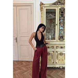 Pantalon de survêtement décontracté à jambes larges pour femme, double ceinture, taille mi-haute, respirant, couleur bordeaux délavée - Product Image 3