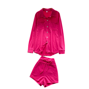 Completo casual da <span class=keywords><strong>donna</strong></span> in 2 pezzi, camicia a maniche lunghe con colletto e bottoni, pantaloncini a vita alta con coulisse, set loungewear primavera estate - Product Image 5