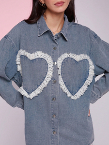 Chemisier en jean chic pour femme, style européen, avec motif diamant et dentelle florale, collection automne - Product Image 3