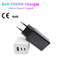 Chargeur à 3 ports 65W GaN EU (USB-A + 2x USB-C) | Chargeur d'ordinateur portable certifié CE GS PD3.0/QC3.0 Montre intelligente pour écouteurs PC ignifugés