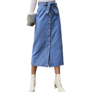 Faldas de mezclilla con autocinturón para mujer, falda larga de talla grande con botones, de cintura alta, por debajo de la rodilla - Product Image 3
