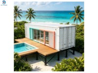 Maison conteneur moderne de luxe à 1 étage, tropicale, colorée, étanche, avec portes vitrées à persiennes blanc menthe corail, terrasse en bois, piscine et poteaux en acier