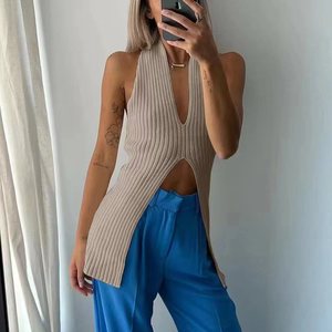 Gilet mi-long tricoté pour femmes, Sexy, coupe basse, dos nu, sans manches, débardeurs blancs, <span class=keywords><strong>col</strong></span> en <span class=keywords><strong>V</strong></span>, épaules dénudées, <span class=keywords><strong>col</strong></span> licou, gilet à la mode, tricot - Product Image 5