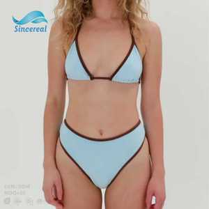 Custom <strong>Blue</strong> Triangle Swimwear with Brown Trim <strong>Bikini</strong> Para Women's Beach High-Waisted <strong>Bikini</strong> <strong>Set</strong> - Product Image 2