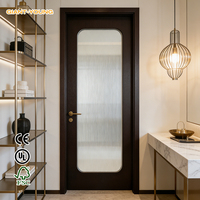 Porte en bois massif noyer foncé avec cadre moderne et verre cannelé, coins arrondis, pour chambre, salon, salle de bain, cuisine, extérieur
