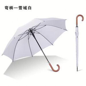 Wholesale Custom Logo Snow White Long Handle <b>Windproof</b> 8 Reinforced Ribs Auto Open Stick <b>Umbrella</b> Wooden Crook Handle Business - Product Image 2