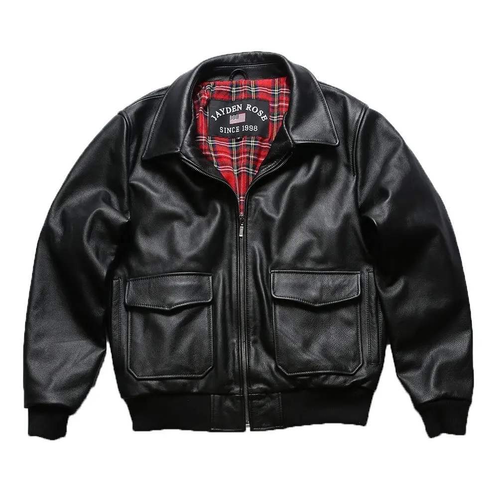 OEM Factory customed G1 bomber pilota davvero corto giacca a quadri rossa con fodera in vera pelle nera cappotto di pelle di mucca vestiti