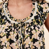 Chemise de nuit une pièce pour femme, imprimé floral, bleu marine, avec volants et bordure en dentelle, longueur genou, pour l'été, tenue d'intérieur