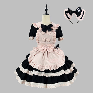 Lolita Maid Dress Black Pink With Ruffles And Bow For Cosplay Costume Anime Role Play Spring 2025 - Product Image 5