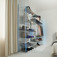 Armoire de chambre moderne en verre avec éclairage LED, poignées en acier inoxydable, 6 étagères, blanc brillant, rangement ouvert pour vêtements