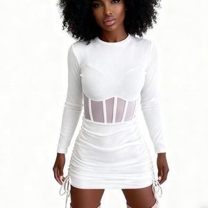 Robes pour femmes à col rond, sexy, à manches longues, à volants, en maille, avec laçage à la taille, tendance - Product Image 2