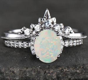 Romantic Crown Oval Cut <b>Crystal</b> Engagement <b>Ring</b> Women's 925 Silver Rhodium Plated Pave Setting Prong Mounting - Product Image 4