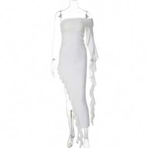 Abito lungo estivo da donna 2024, modello popolare, monospalla, senza maniche, con frange, per feste e discoteche. - Product Image 6