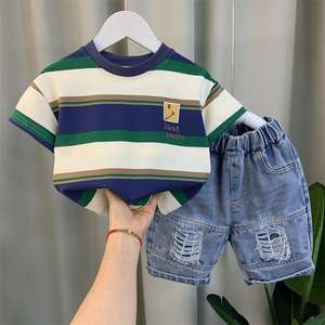 2025 <strong>Kids</strong> <strong>Boy</strong> Summer Clothes Set Striped Green White T-shirt + Distressed Denim <strong>Shorts</strong> 2 Pcs <strong>Boy</strong> Set - Product Image 3