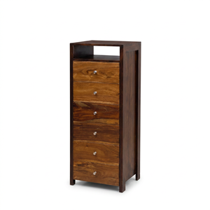 Commode de chambre à coucher T Contrast à 6 tiroirs en teck massif, style moderne du milieu du siècle, avec structure en acier et design autoportant - Product Image 1
