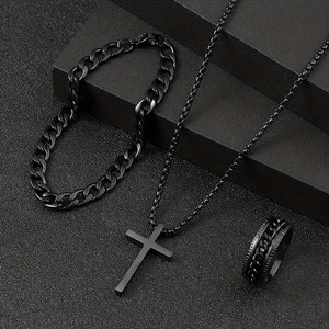 Ensemble de 3 pièces plaqué or : Colliers pendentifs croix tendance, bracelets chaîne cubaine et bague pour femmes et hommes, bijoux de fête - Product Image 3