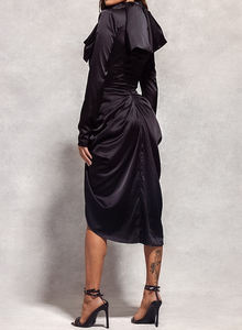 2024 özelleştirilmiş yüksek kaliteli kadın elbise siyah saten kurdele detay Midi elbiseler rahat yönlü Slim Fit parti elbise - Product Image 6