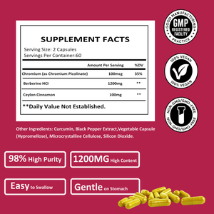 Capsules végétaliennes OEM de berbérine HCL 1200mg avec cannelle de Ceylan et <span class=keywords><strong>chrome</strong></span>, très vendues, pour le soutien métabolique – Complément <span class=keywords><strong>alimentaire</strong></span> - Product Image 2