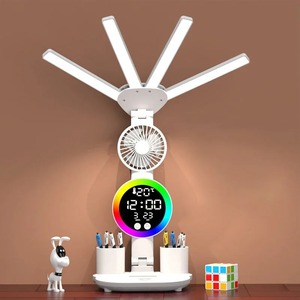 Eye-care <b>Table</b> Lamp Digital Clock LED Light USB 3 Color Desk Lamp Touch Control Foldable With Fan Reading Night Light - Product Image 1